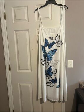 White Slip Dress with Blue Butterfly Print